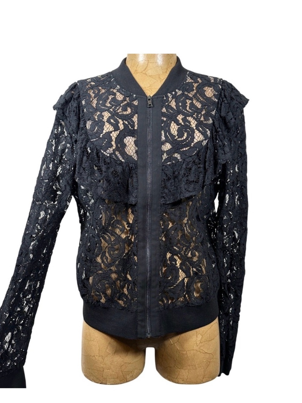 BCBGMAXAZRIA Black Floral Lace Ruffle Bomber Jacket Large‎ Sheer Zip Whimsigoth